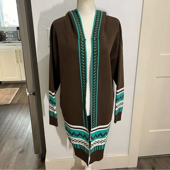 Cowgirl Legend Brown Turquoise Wool Blend Hooded Long Open Cardigan Large - Picture 1 of 13